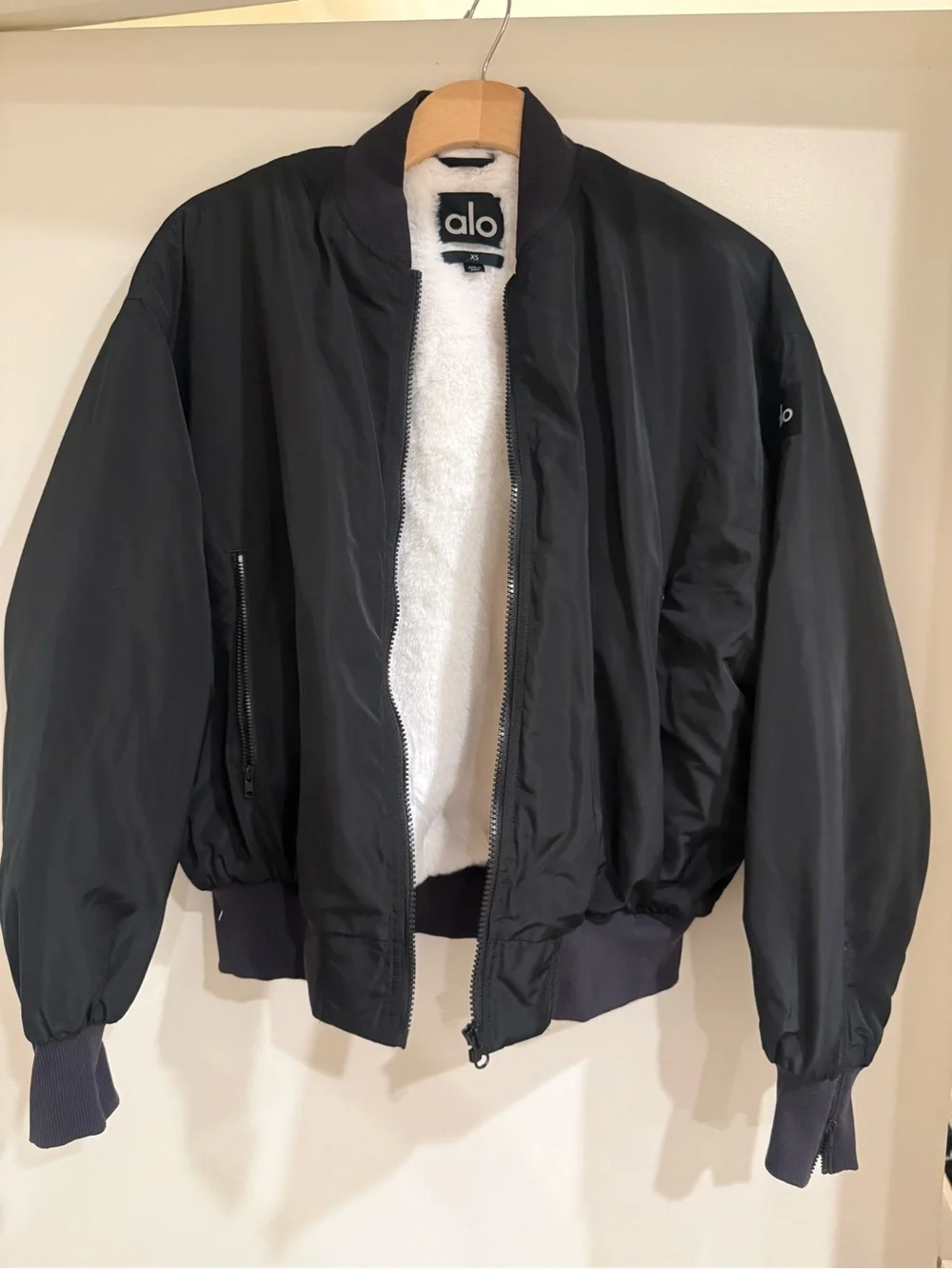 ALO Yoga Black Bomber Jacket with White faux furLining